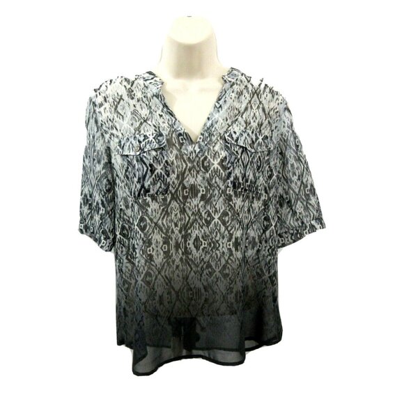 Vince Camuto Tura Tunic Top Sz Small Black White Blouse Short Sleeve Semi-Sheer - Picture 1 of 7